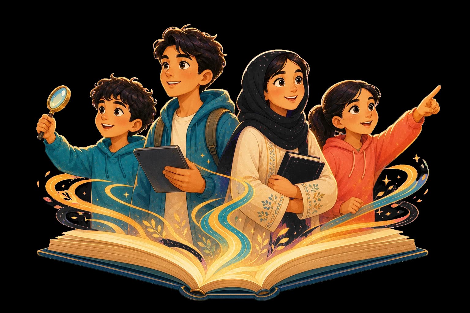 Four learners step forward together from an open book, ready to discover