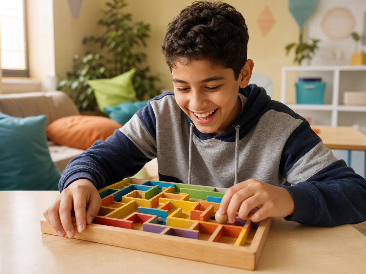 A school student engages with a colorful wooden maze activity