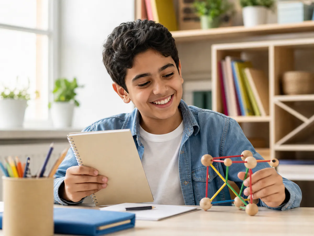 A cheerful school student explores a notebook and colorful geometric learning model