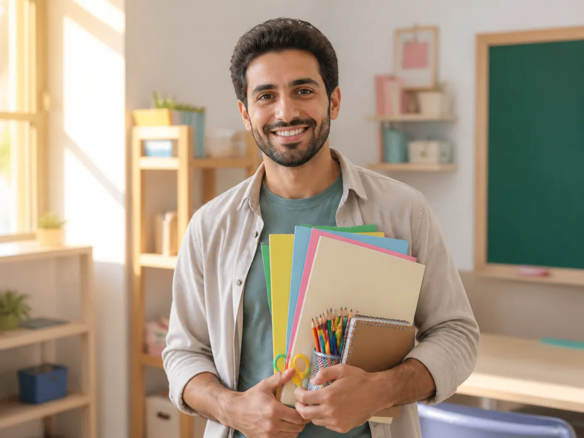 A smiling teacher carries colorful classroom preparation folders, notebooks, pencils, and craft supplies