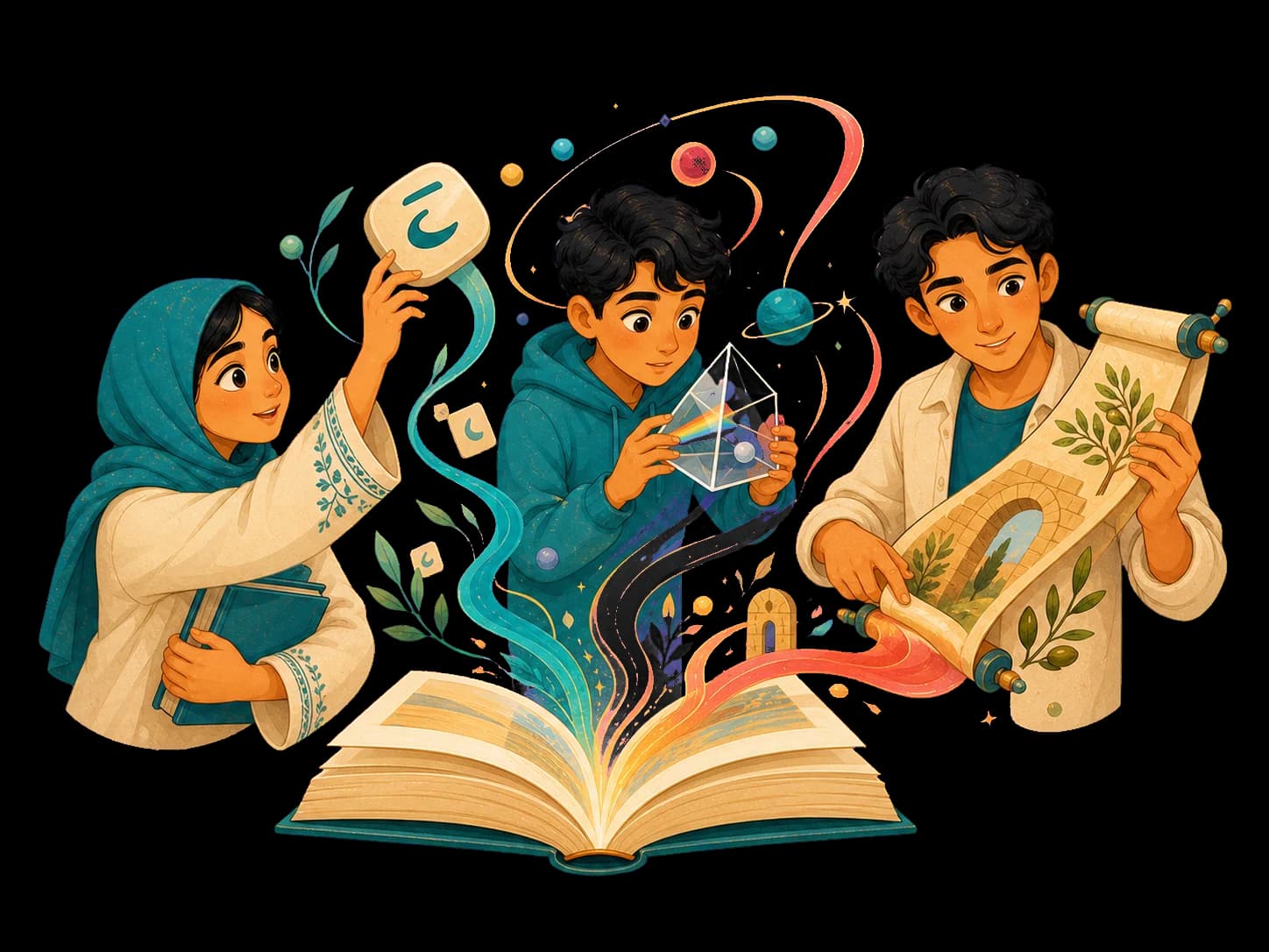 Three learners choose paths through Arabic, science, and knowledge rooted in context