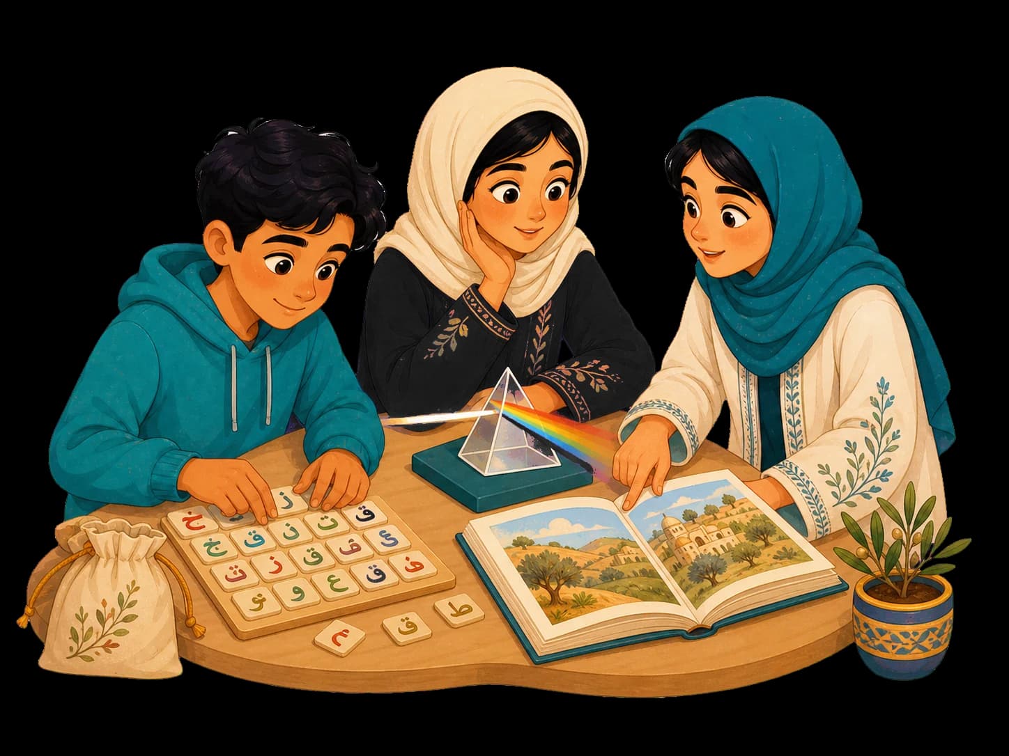 Three learners explore Arabic letters, a light prism, and an illustrated story together