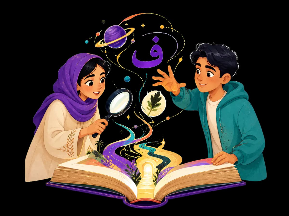 Two learners explore Arabic letters, science, and stories through an open discovery book